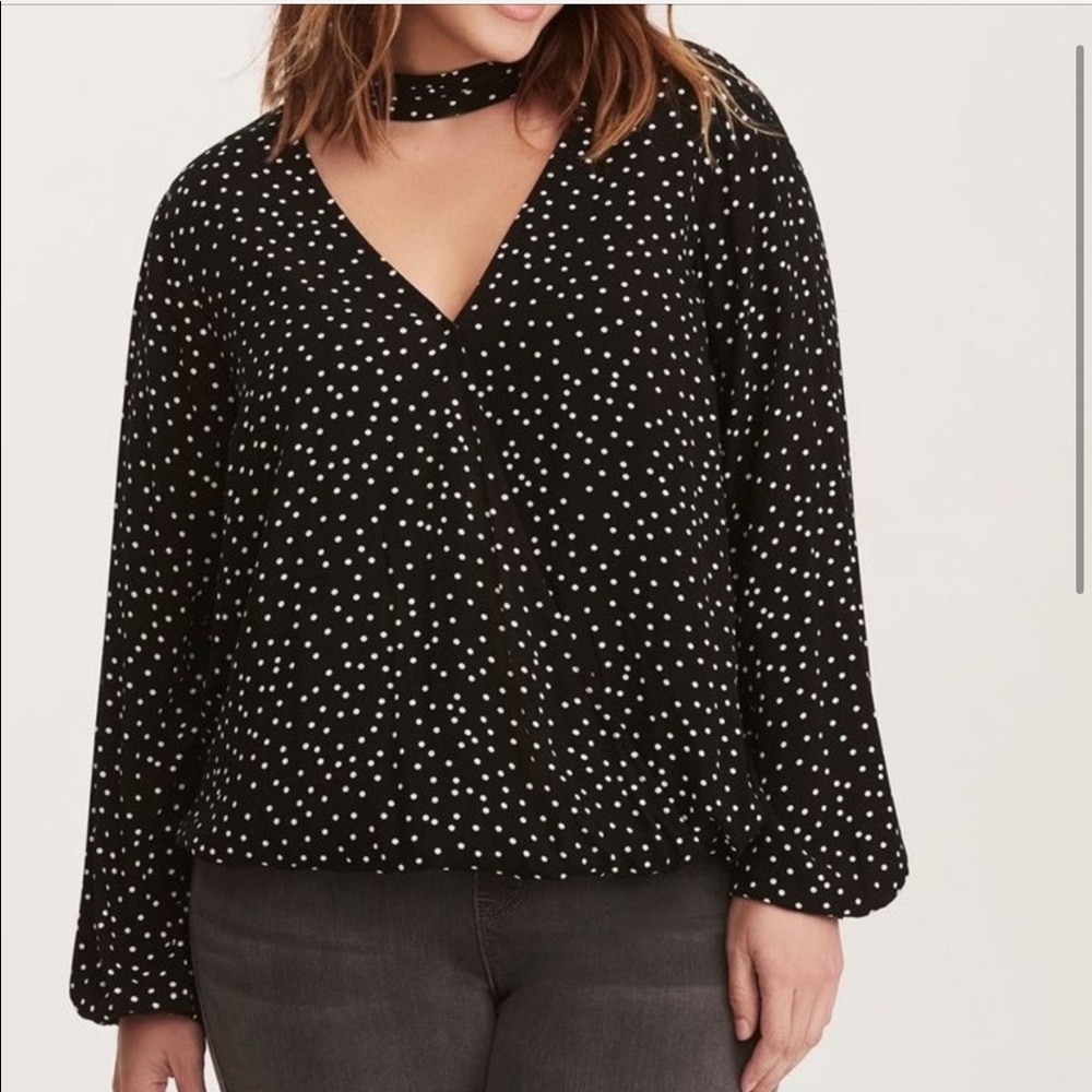 Polka dot, mock neck blouse from torrid